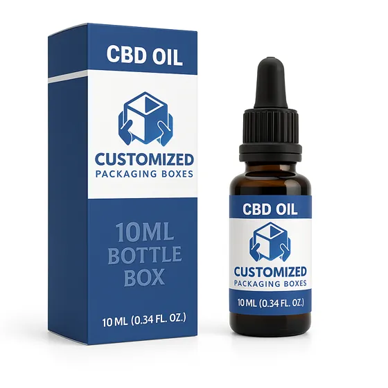 Custom CBD oil packaging with 10ml dropper bottle and branded box in blue and white by Customized Packaging Boxes-